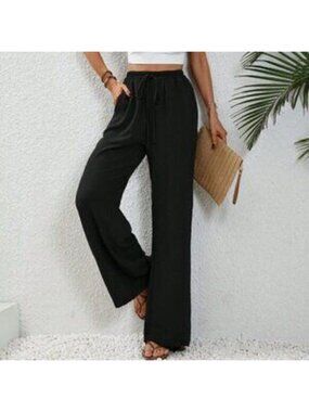 Black Casual Women's Drawstring Waist Wide Leg Pants